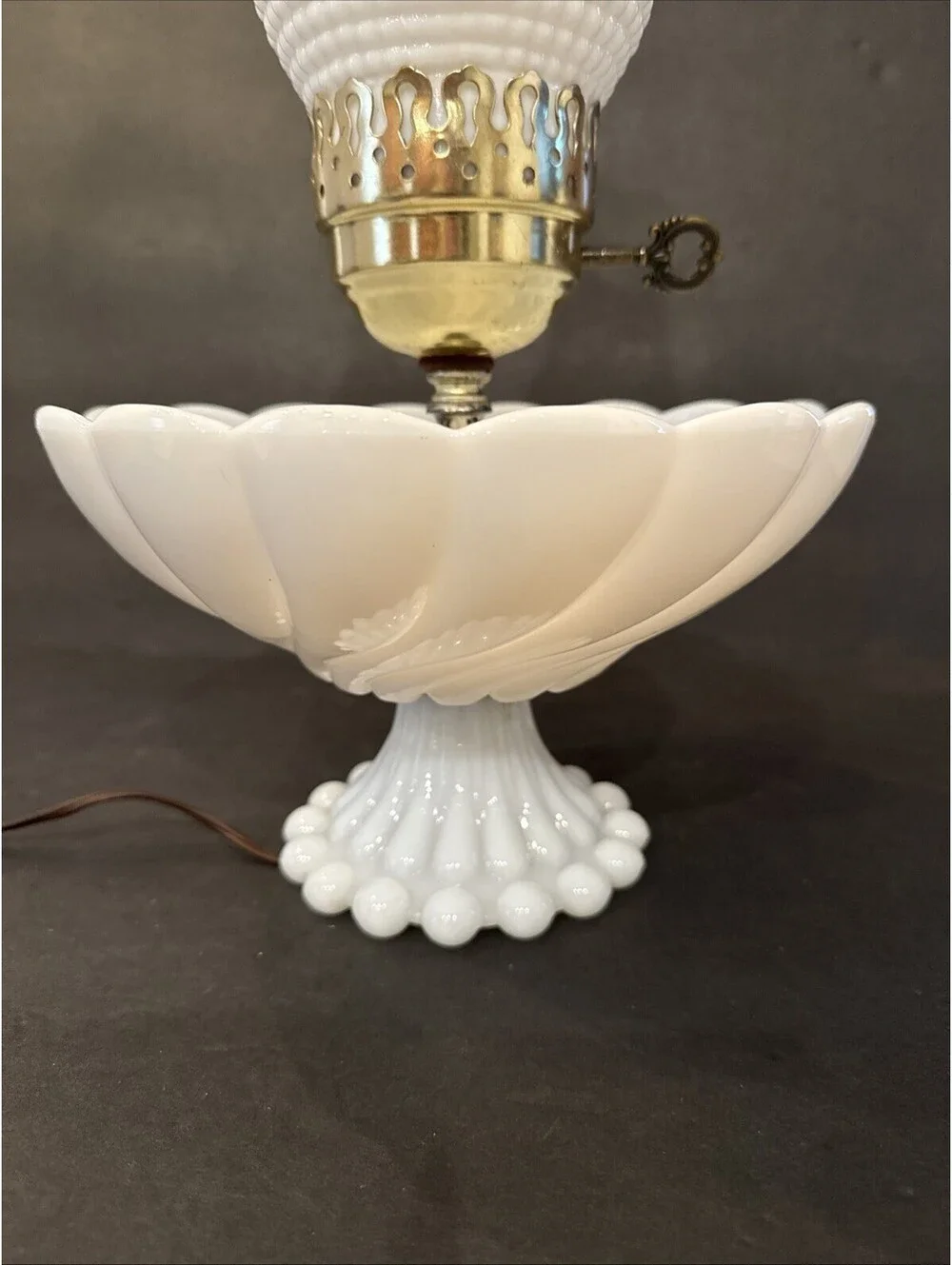 Rare Vintage Milk Glass Hurricane Lamp Bowl Trinket Base 17.5” H By 9” W Gold